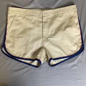 Vintage 70s Sears Activewear Running Shorts Beige/ Blue Red Trim Mens 34 Retro